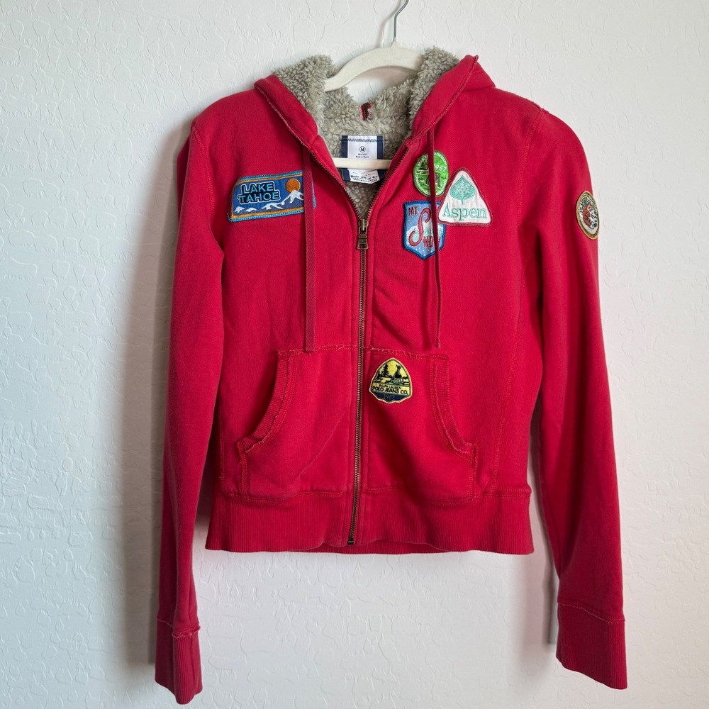 Polo Jeans Co Ralph Lauren Red Sherpa Lined Patch Hoodie Zip‎ Hood Womens Medium